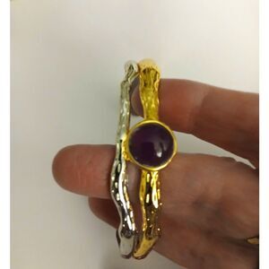Rustic Cuff Mixed Metal Bracelet Gold Silver Tone Purple Cabochon Stone Cuff